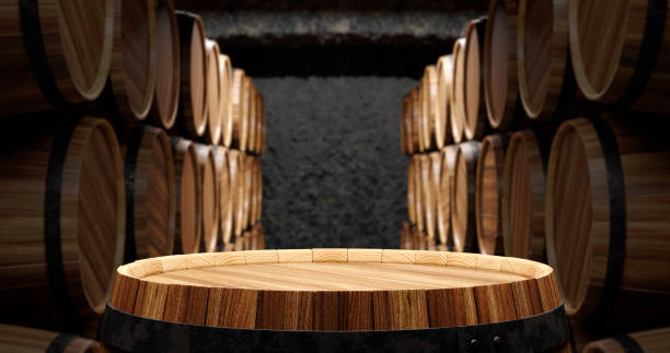 Barrels in the wine cellar stock photo