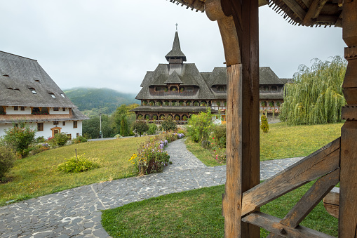 Barsana, Romania - Sep 26, 2018:  Characteristic architecture of the Maramures region of Romania as seen at Barsana Monastery.