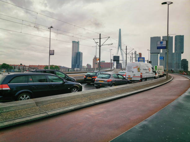 Bascule bridge raise and traffic stops in Rotterdam stock photo
