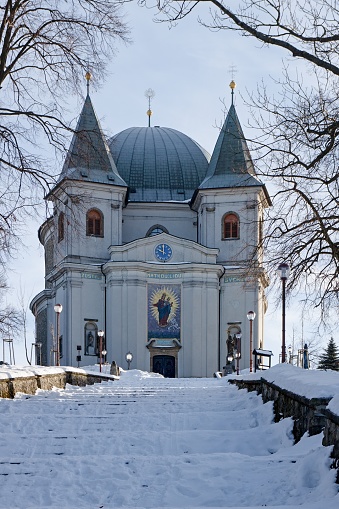 Morning winter photo of Basilica and stairs at St. Hostyn, Moravia, Czech Republic