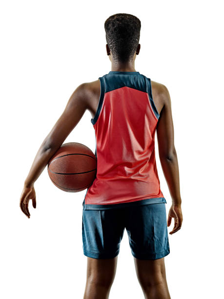 basketbal spelers vrouw tiener meisje geïsoleerd schaduwen - basketball player back stockfoto's en -beelden