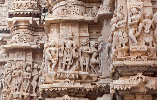Bas-relief at famous ancient Jagdish Temple in Udaipur, Rajasthan, India stock photo