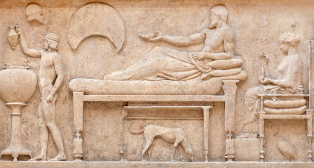 Bas-relief on ancient Thasos funerary stele, Greece stock photo