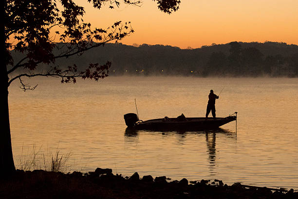 Bass Fisherman on Lake at Dawn Silhouette of bass fisherman in the early light of dawn.  Mist over the lake, pre-sunrise.  Taken in the Autumn on Lake Wylie. fisher role photos stock pictures, royalty-free photos & images