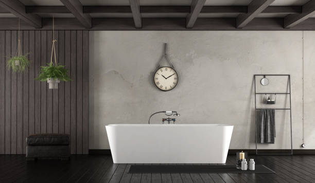 badkamer in landelijke stijl - hangplant wood stockfoto's en -beelden