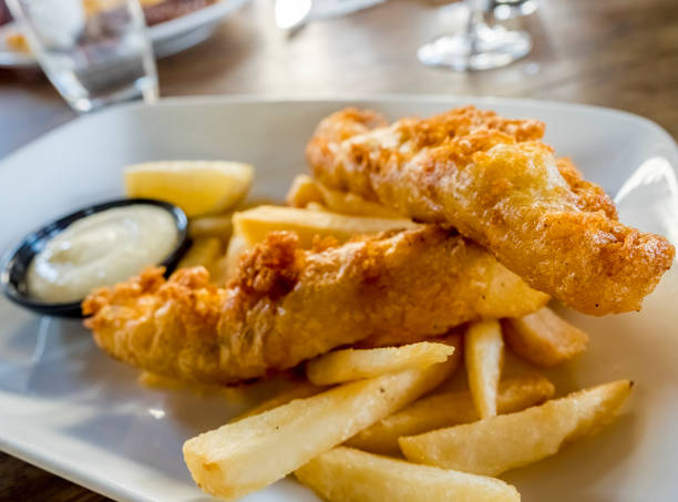 Battered fish and chips stock photo
