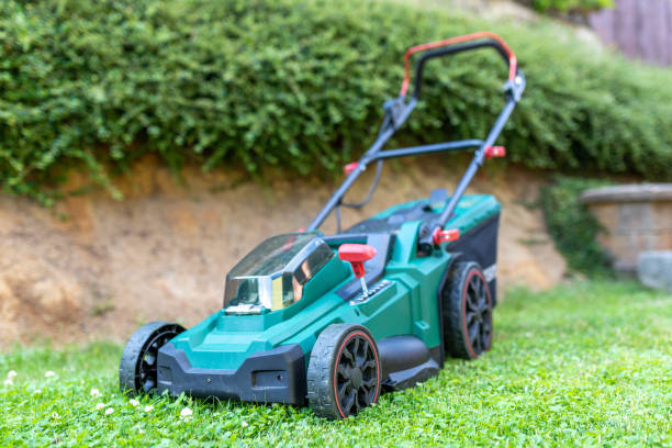 battery electric lawn mowers in the garden stock photo