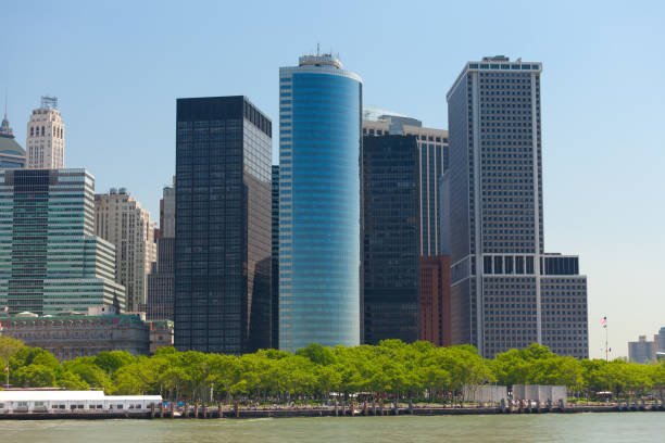 Battery Park from the bay, New York City stock photo