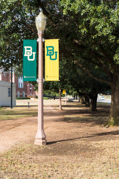 Baylor University light post flags, with copy space Waco, TX / USA - January 12, 2020: Baylor University banners on light poles, with copy space baylor basketball stock pictures, royalty-free photos & images