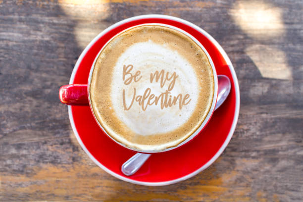 Be my valentine message coffee latte art stock photo