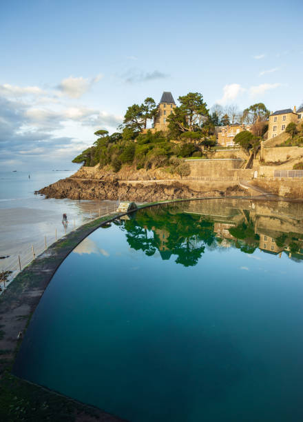Beach and the swiming pool in Dinard city stock photo