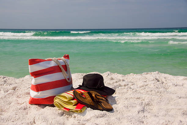 Beach Bag Hat Towel Sandals Horizon stock photo