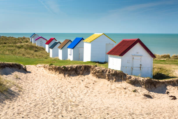Beach cabins, Normandy, France stock photo
