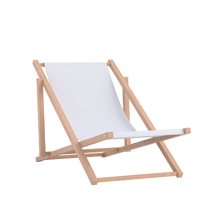 Beach chair, chaise lounge isolated. Wooden lounger with white fabric. 3d rendering