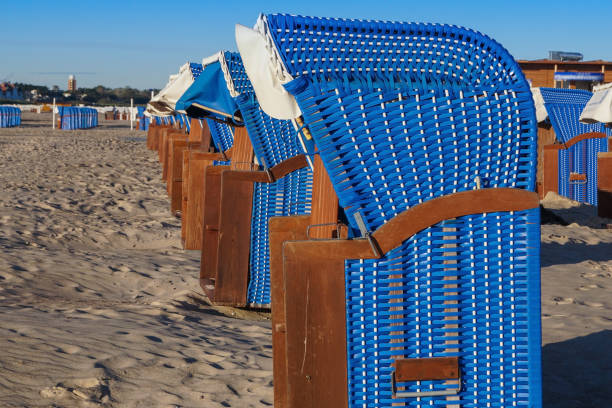 Beach chairs at the beach in Warnemünde stock photo