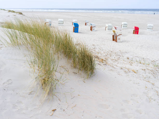 Beach chairs in the dune landscape on the island of Juist, North Sea, Lower Saxony, Germany stock photo