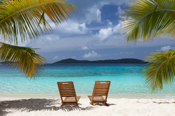 Beach Chairs on a tropical beach stock photo