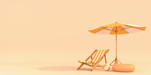 Beach chairs Beach umbrella with chairs on pastel colors background. Minimalism concept. 3d rendering stereoscopic image stock pictures, royalty-free photos & images