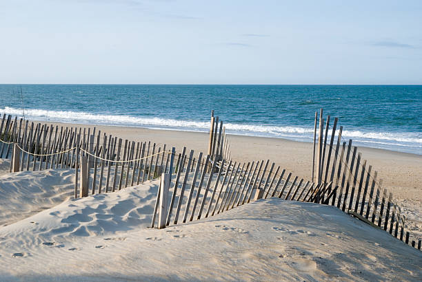 Beach, Dunes, Ocean, Fence in the Outer Banks Beach fence and sand dunes with Atlantic Ocean horizon, scenic landscape in the Outer Banks at Nags Head, North Carolina, USA. north carolina beach stock pictures, royalty-free photos & images