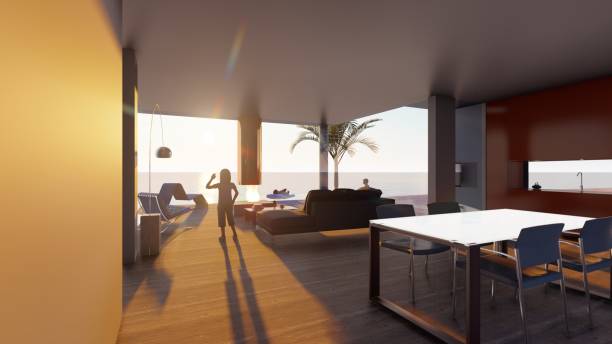 beach house with infinity pool 3d visualization image - family modern house window imagens e fotografias de stock