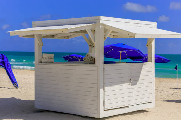 Beach hut supplying towels on sunny deserted beach stock photo