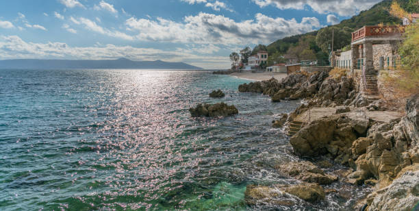 beach in a small coastal town moscenicka draga - tadic stockfoto's en -beelden
