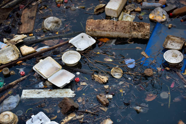 Beach pollution. Plastic bottles and other trash on river . stock photo