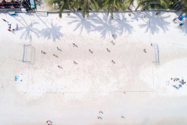 beach soccer, tropical beach, from above, palm tree shadows - futebol de praia imagens e fotografias de stock