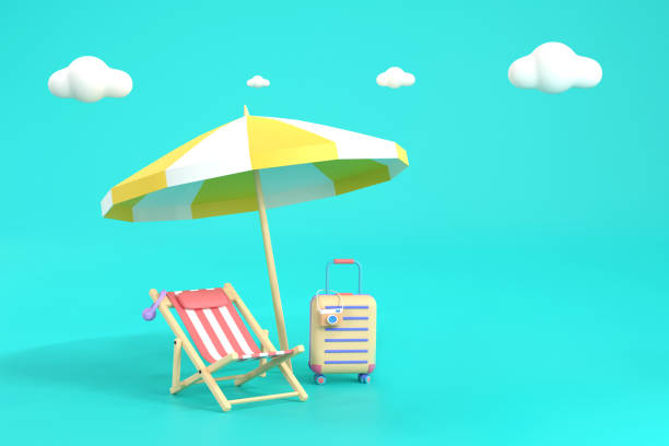 beach sunbed with umbrella, wooden deck chair. Summertime relax. stock photo