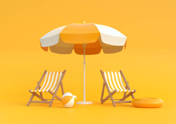 parasoller med stolar och strandtillbehör på den ljusa orange bakgrunden - parasol bildbanksfoton och bilder