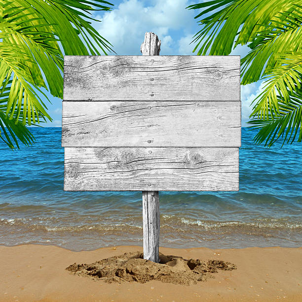 beach vacation blank sign - strandbordjes stockfoto's en -beelden