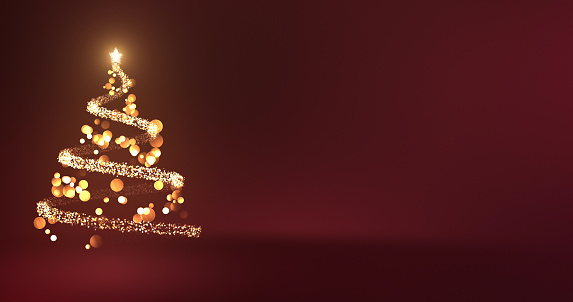 Beautiful Abstract Christmas Tree Made Of Bokeh And Glittering Particles - Elegant Red Background, Copy Space