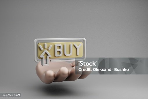 istock Beautiful abstract illustrations Golden Hand Holding Buy Button symbol icon on a gray background. 3d rendering illustration. Online Shopping. 1427530569