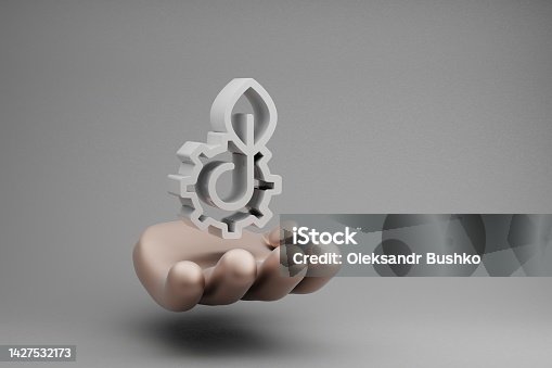 istock Beautiful abstract illustrations Golden Hand Holding clean energy symbol icon on a gray background. 3d rendering illustration. Background pattern for design. Save Ecological. 1427532173