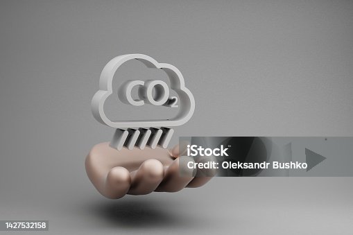istock Beautiful abstract illustrations Golden Hand Holding Cloud Co2 symbol icon on a gray background. 3d rendering illustration. Background pattern for design. Save Ecological. 1427532158