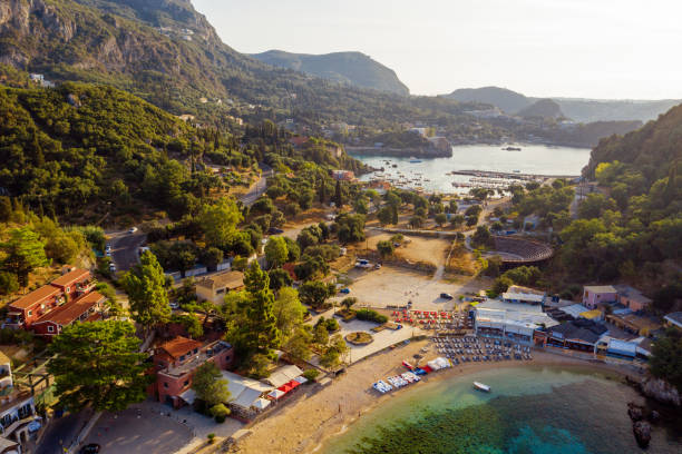 Beautiful aerial of Paleokastritsa Greece town stock photo