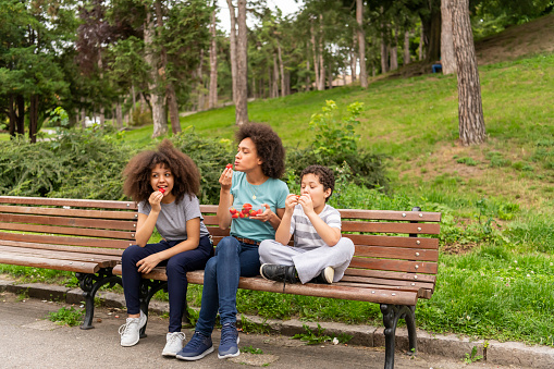 A Young Woman of African-American Ethnicity is Enjoying Sitting on a Wooden Bench with a Cute Kids in the Park Eating Fresh Strawberries.
