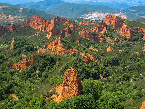 Beautiful and unique red rock formations at Las Medulas, Spain stock photo