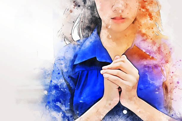 Beautiful Asia women portrait are praying and blessing on walking street on watercolor illustration painting background. stock photo