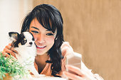 美しいアジアの女性は、コピー領域とかわいいチワワ犬、自宅で selfie を撮影します。人間とペットの素敵な友情、または現代の国内のライフ スタイル コンセプト