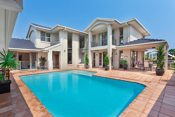 beautiful backyard with pool in australian mansion stock photo