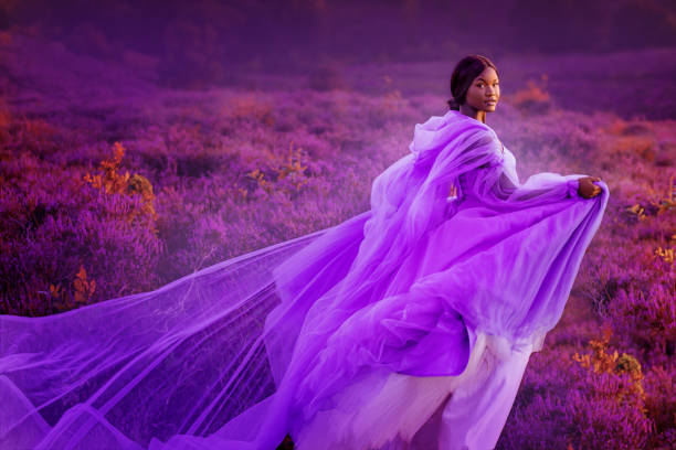 beautiful black female fantasy princess in a rural heather fairytale setting - stijl stockfoto's en -beelden
