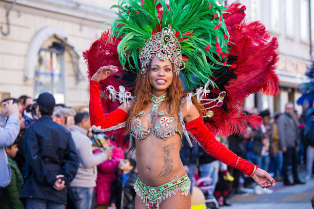 Beautiful Brazil Lady dancing Samba on the streets of city carnival, Monfalcone, Italy stock photo