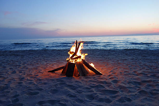 Beautiful campfire by the lake Beautiful campfire by the lake at dusk. bonfire stock pictures, royalty-free photos & images