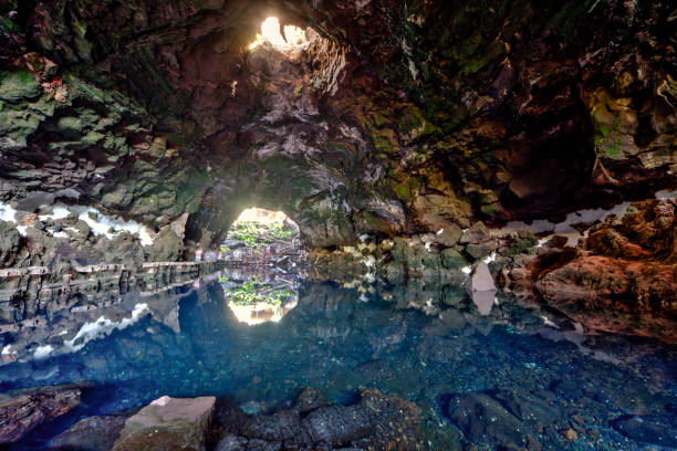 Beautiful cave reflected in the water in Jameos del Agua stock photo
