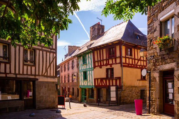 Beautiful city Saint-Brieuc with ancient half-timbered houses stock photo