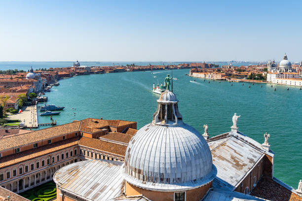 Beautiful cityscape of Venice and Giudecca Canal viewed from the bell tower of the basilica of San Giorgio Maggiore, Italy stock photo