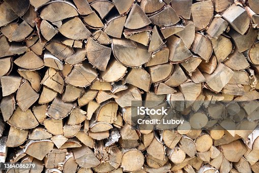 istock A beautiful closeup view of cut and split firewood stacked outdoor up against a shed under roof 1364086279