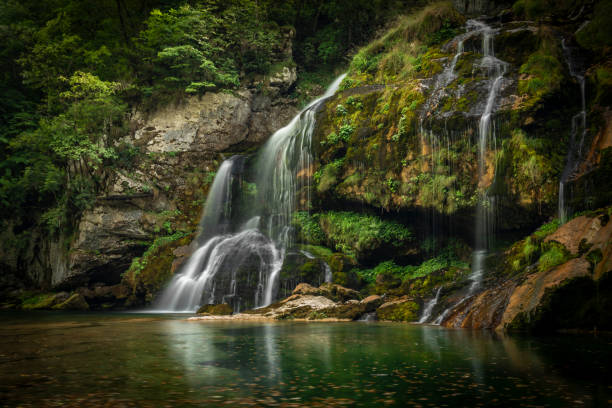 Beautiful color summer waterfall Virje in Slovenia Alps stock photo