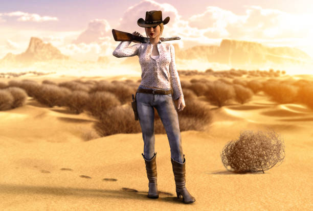 vacker cowgirl med ett gevär i en karg öken - desert cowgirl bildbanksfoton och bilder